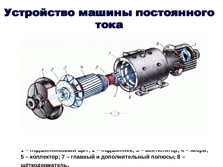 1 – подшипниковый щит; 2 – подшипник; 3 – вентилятор; 4 – якорь;