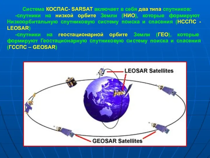Система КОСПАС- SARSAT включает в себя два типа спутников: -спутники