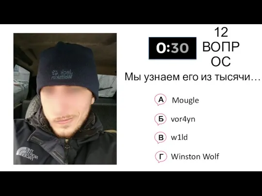 12 ВОПРОС Мы узнаем его из тысячи… А Mougle Б vor4yn В w1ld Г Winston Wolf