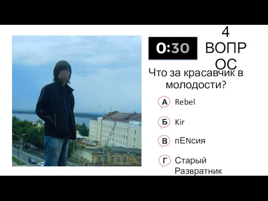 4 ВОПРОС Что за красавчик в молодости? А Rebel Б Kir В пЕNсия Г Старый Развратник