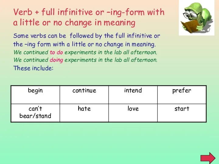 Verb + full infinitive or –ing-form with a little or