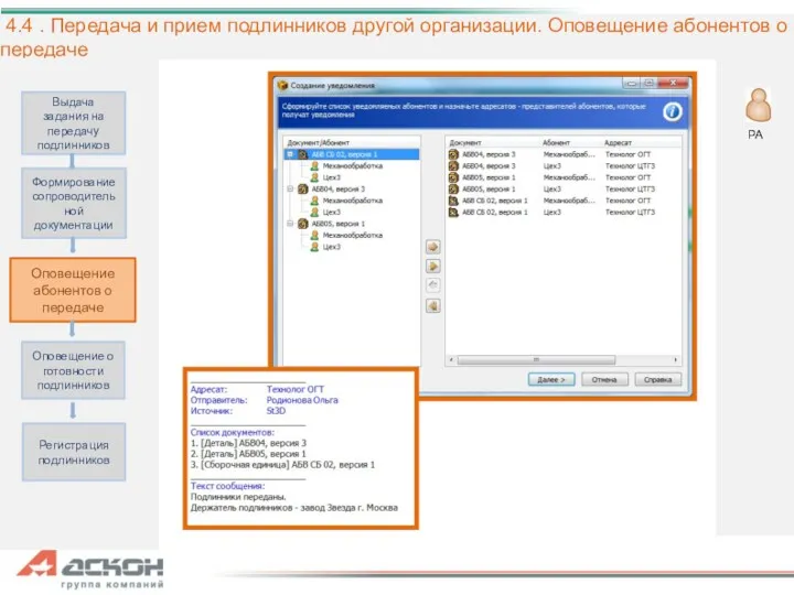 4.4 . Передача и прием подлинников другой организации. Оповещение абонентов
