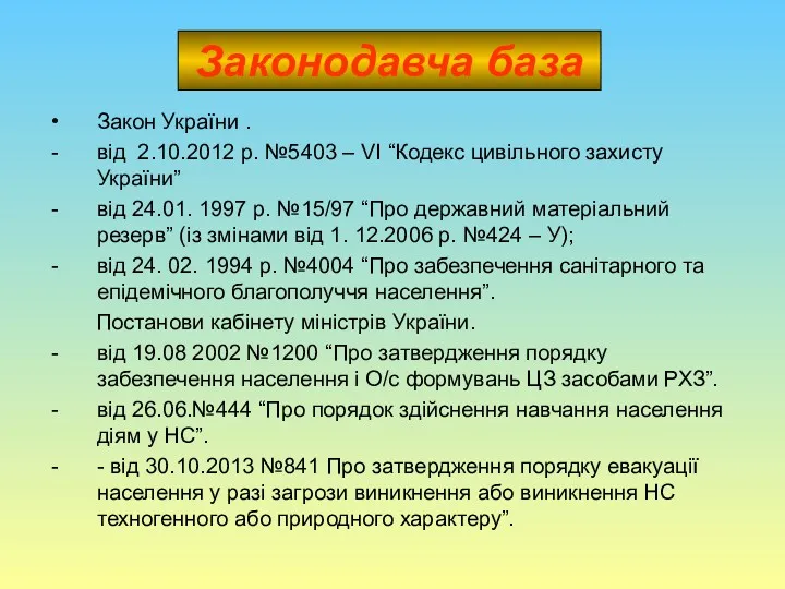 Законодавча база Закон України . від 2.10.2012 р. №5403 – VІ “Кодекс цивільного
