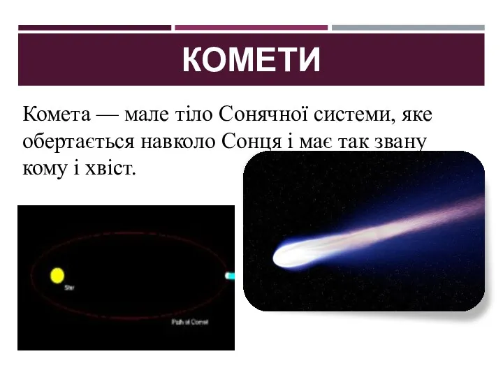 КОМЕТИ Комета — мале тіло Сонячної системи, яке обертається навколо
