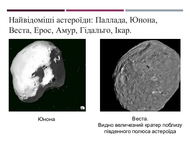 Найвідоміші астероїди: Паллада, Юнона, Веста, Ерос, Амур, Гідальго, Ікар. Юнона
