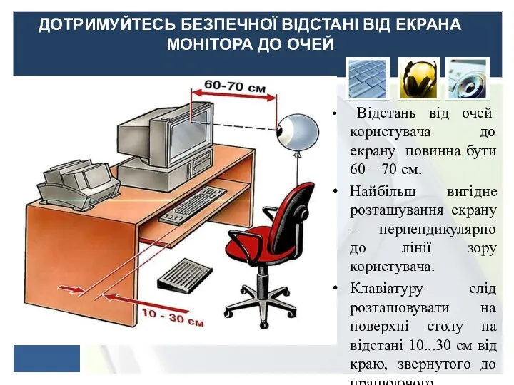 ДОТРИМУЙТЕСЬ БЕЗПЕЧНОЇ ВІДСТАНІ ВІД ЕКРАНА МОНІТОРА ДО ОЧЕЙ Відстань від