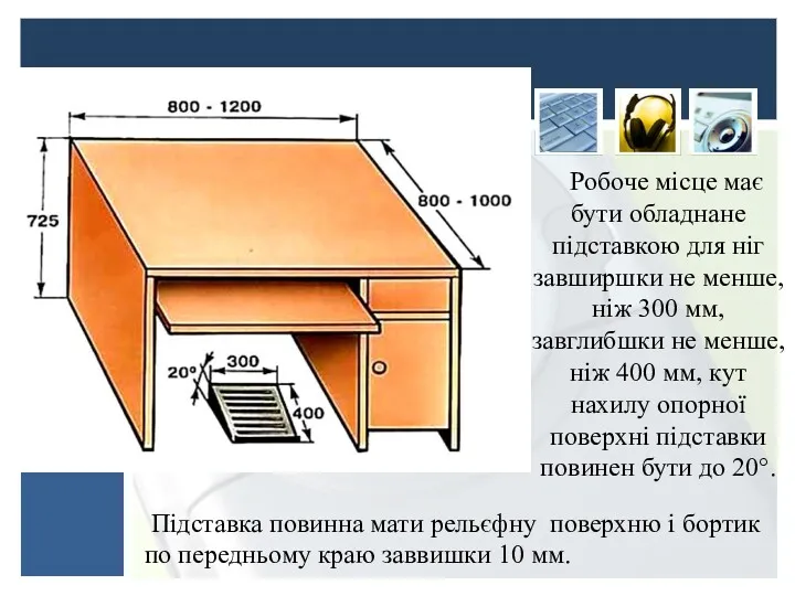 Робоче місце має бути обладнане підставкою для ніг завширшки не