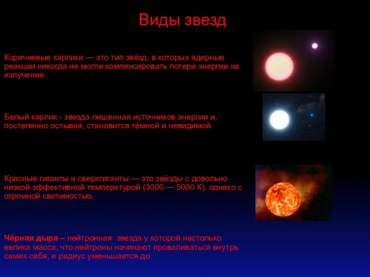 Виды звезд Коричневые карлики — это тип звёзд, в которых