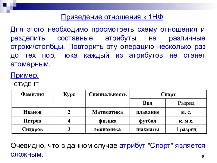 Для этого необходимо просмотреть схему отношения и разделить составные атрибуты