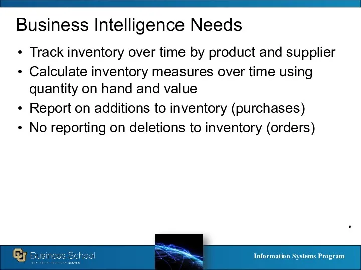 Business Intelligence Needs Track inventory over time by product and