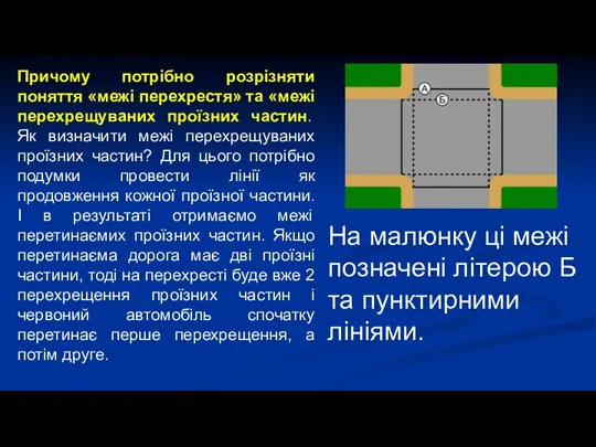 Причому потрібно розрізняти поняття «межі перехрестя» та «межі перехрещуваних проїзних