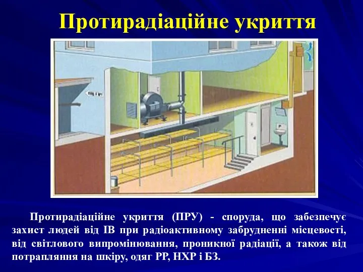 Протирадіаційне укриття Протирадіаційне укриття (ПРУ) - споруда, що забезпечує захист