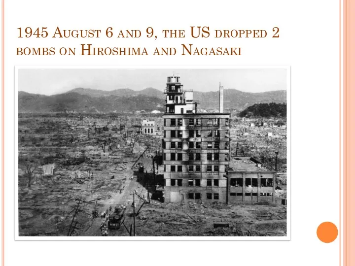 1945 August 6 and 9, the US dropped 2 bombs on Hiroshima and Nagasaki