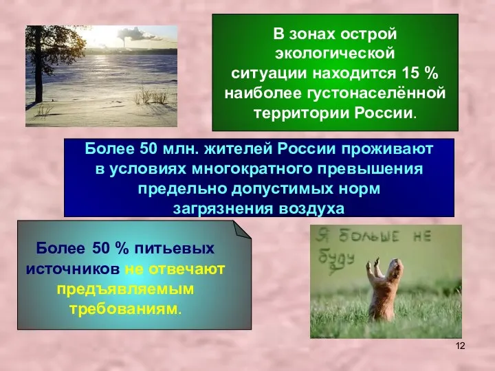 В зонах острой экологической ситуации находится 15 % наиболее густонаселённой территории России. Более