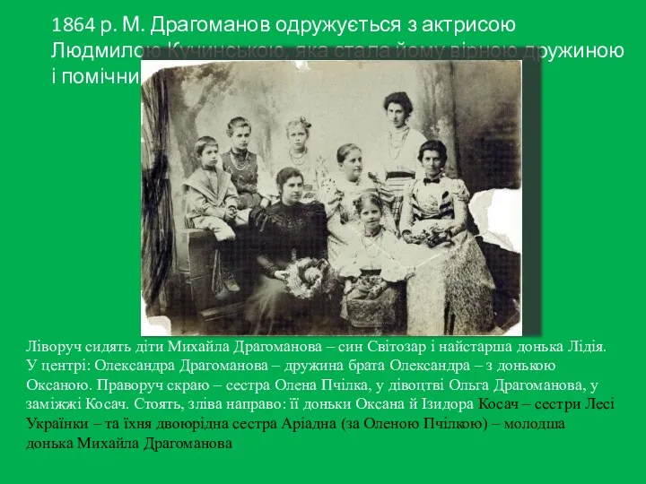 1864 р. М. Драгоманов одружується з актрисою Людмилою Кучинською, яка