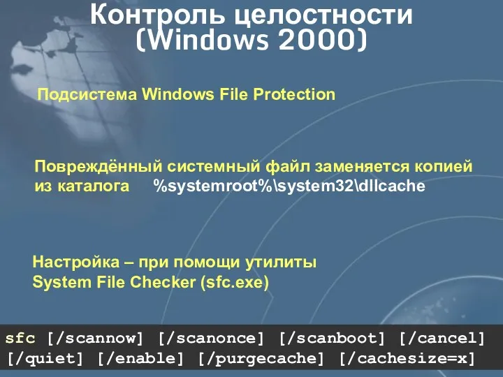 Контроль целостности (Windows 2000) Подсистема Windows File Protection Повреждённый системный