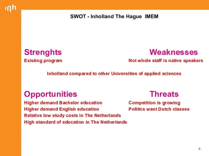 Strenghts Weaknesses Existing program Not whole staff is native speakers