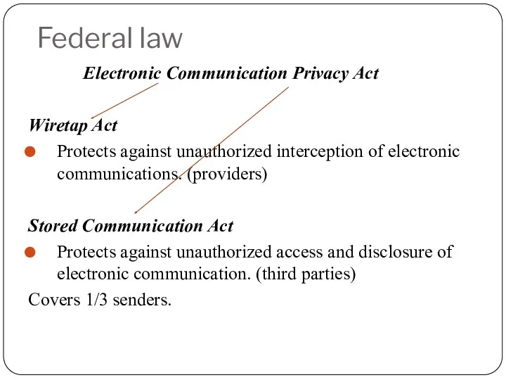 Federal law Electronic Communication Privacy Act Wiretap Act Protects against