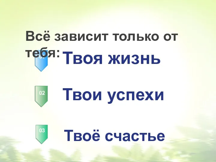 01 02 03 Твоя жизнь Твои успехи Твоё счастье Всё зависит только от тебя: