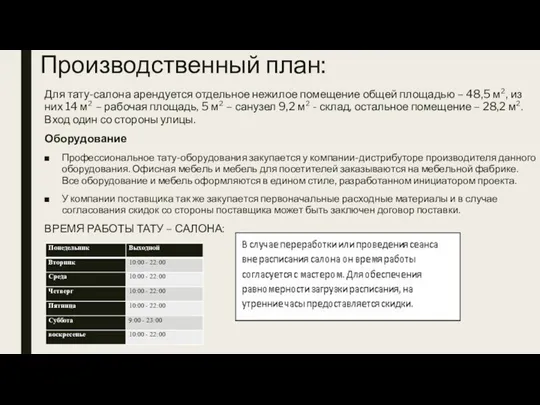 Производственный план: Для тату-салона арендуется отдельное нежилое помещение общей площадью