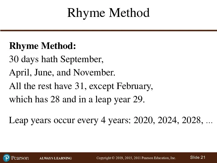 Rhyme Method Rhyme Method: 30 days hath September, April, June,