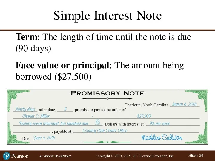 Simple Interest Note Term: The length of time until the