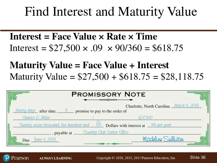 Find Interest and Maturity Value Interest = Face Value ×