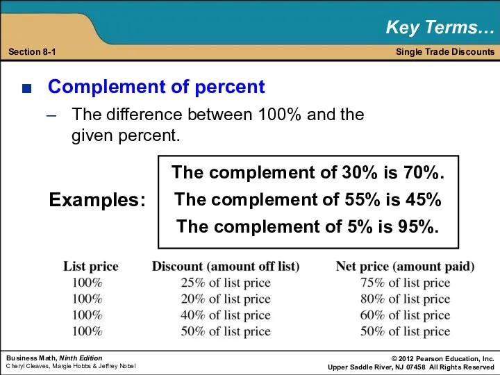 Single Trade Discounts Section 8-1 Key Terms… Complement of percent The difference between