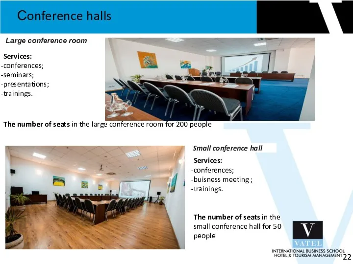 Сonference halls 22 Large conference room Services: conferences; seminars; presentations;