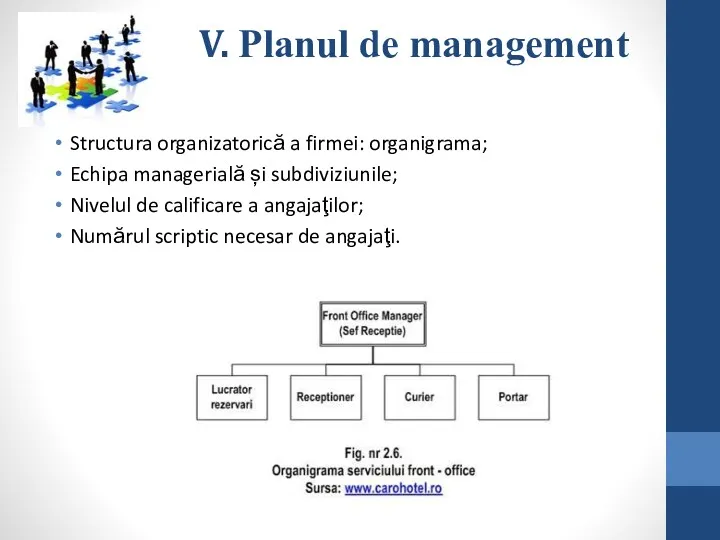 V. Planul de management Structura organizatorică a firmei: organigrama; Echipa managerială și subdiviziunile;
