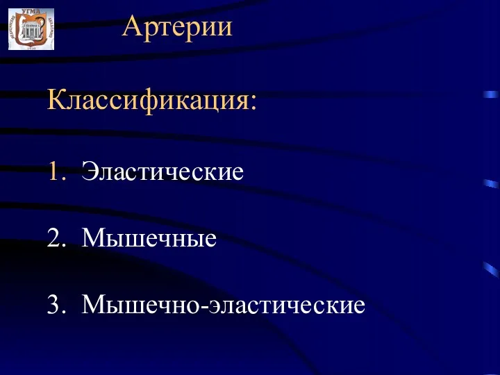 Артерии Классификация: 1. Эластические 2. Мышечные 3. Мышечно-эластические