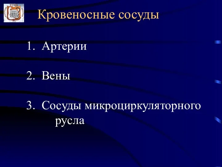 Кровеносные сосуды 1. Артерии 2. Вены 3. Сосуды микроциркуляторного русла