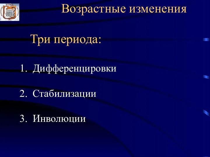 Возрастные изменения Три периода: 1. Дифференцировки 2. Стабилизации 3. Инволюции