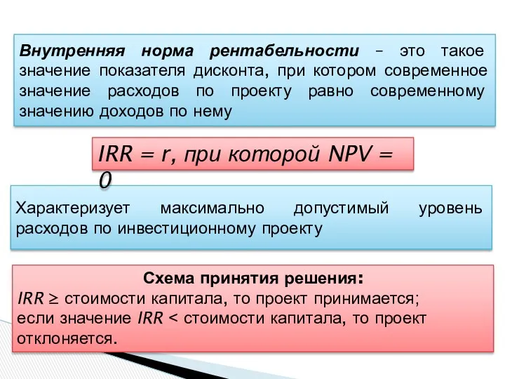 Внутренняя норма рентабельности – это такое значение показателя дисконта, при котором современное значение