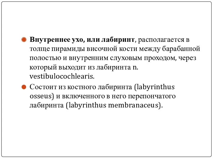 Внутреннее ухо, или лабиринт, располагается в толще пирамиды височной кости между барабанной полостью