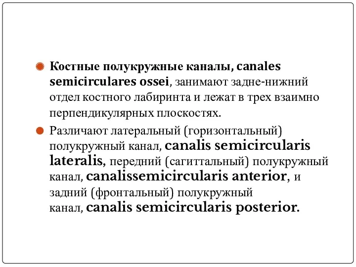 Костные полукружные каналы, canales semicirculares ossei, занимают задне-нижний отдел костного лабиринта и лежат