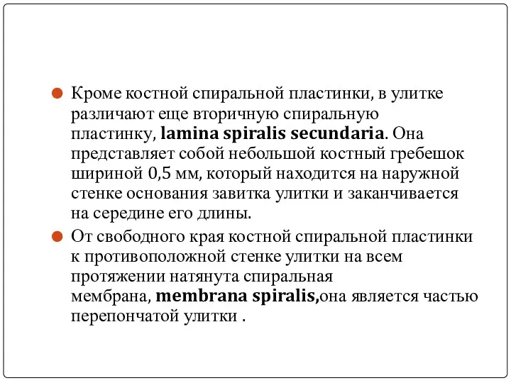 Кроме костной спиральной пластинки, в улитке различают еще вторичную спиральную пластинку, lamina spiralis