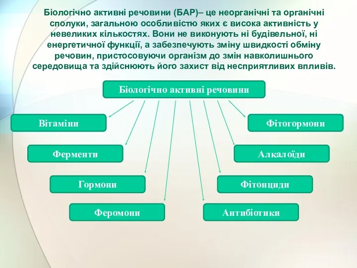 Біологічно активні речовини (БАР)– це неорганічні та органічні сполуки, загальною