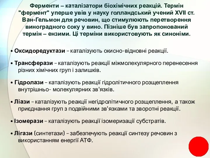 Ферменти – каталізатори біохімічних реакцій. Термін "фермент" уперше увів у