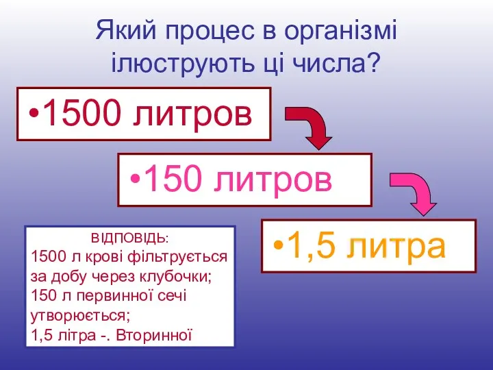 Який процес в організмі ілюструють ці числа? 1500 литров 150