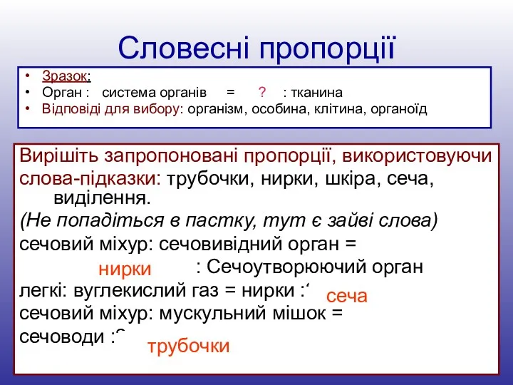 Словесні пропорції Зразок: Орган : система органів = ? :