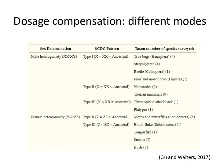 Dosage compensation: different modes (Gu and Walters, 2017)