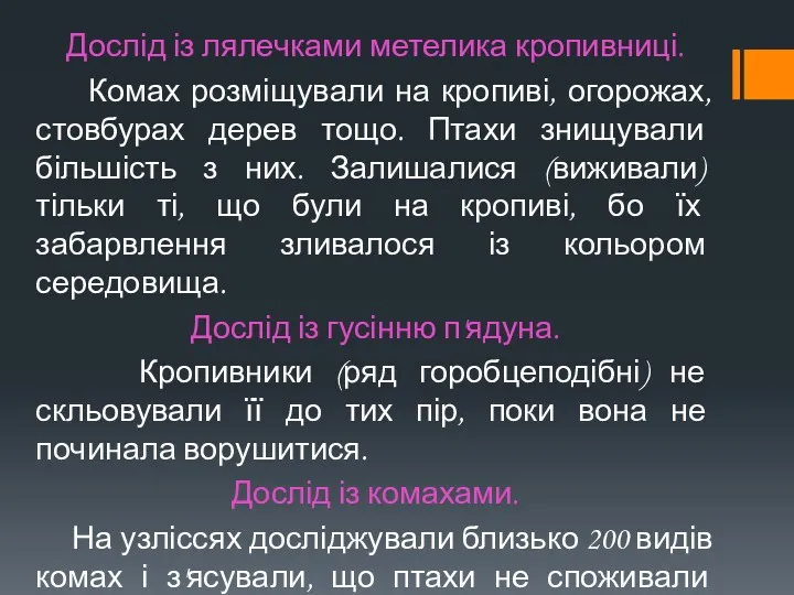 Дослід із лялечками метелика кропивниці. Комах розміщували на кропиві, огорожах,