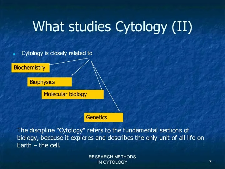 RESEARCH METHODS IN CYTOLOGY What studies Cytology (II) Cytology is