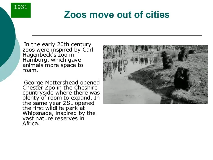 Zoos move out of cities In the early 20th century