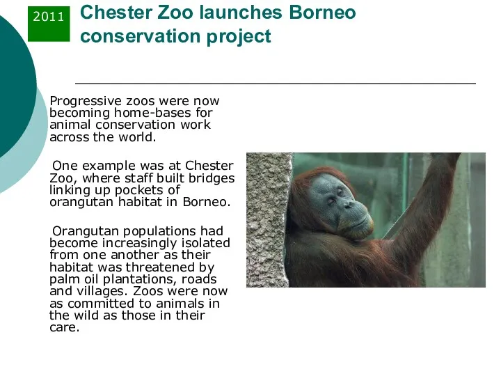 Chester Zoo launches Borneo conservation project Progressive zoos were now