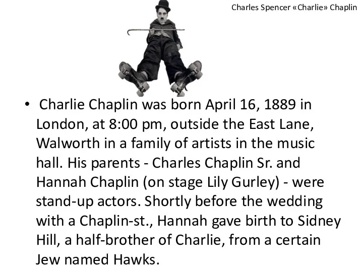 Charlie Chaplin was born April 16, 1889 in London, at