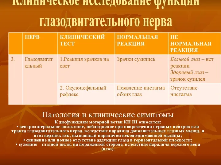 Клиническое исследование функции глазодвигательного нерва Патология и клинические симптомы К