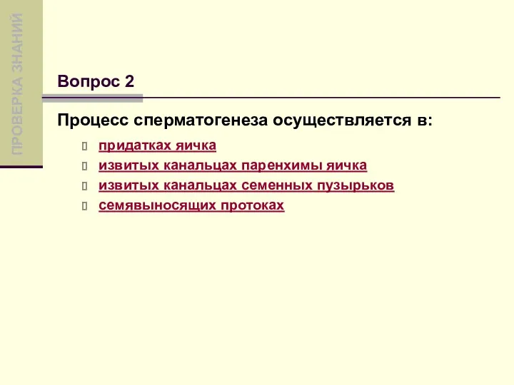 Процесс сперматогенеза осуществляется в: придатках яичка извитых канальцах паренхимы яичка