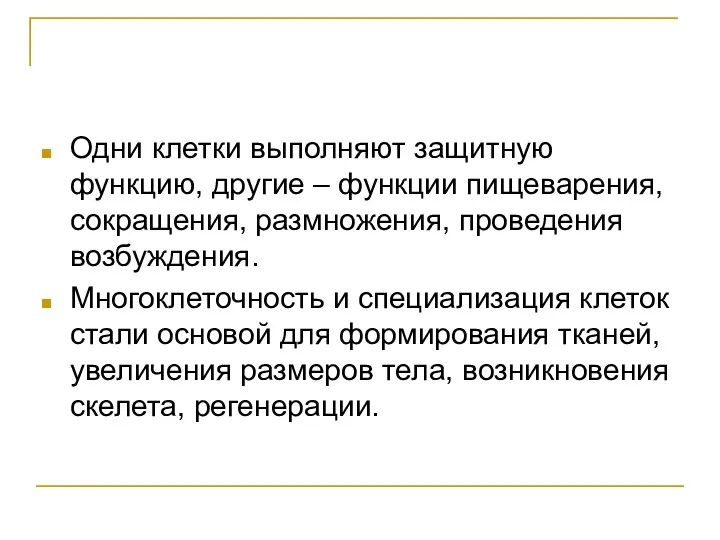 Одни клетки выполняют защитную функцию, другие – функции пищеварения, сокращения,